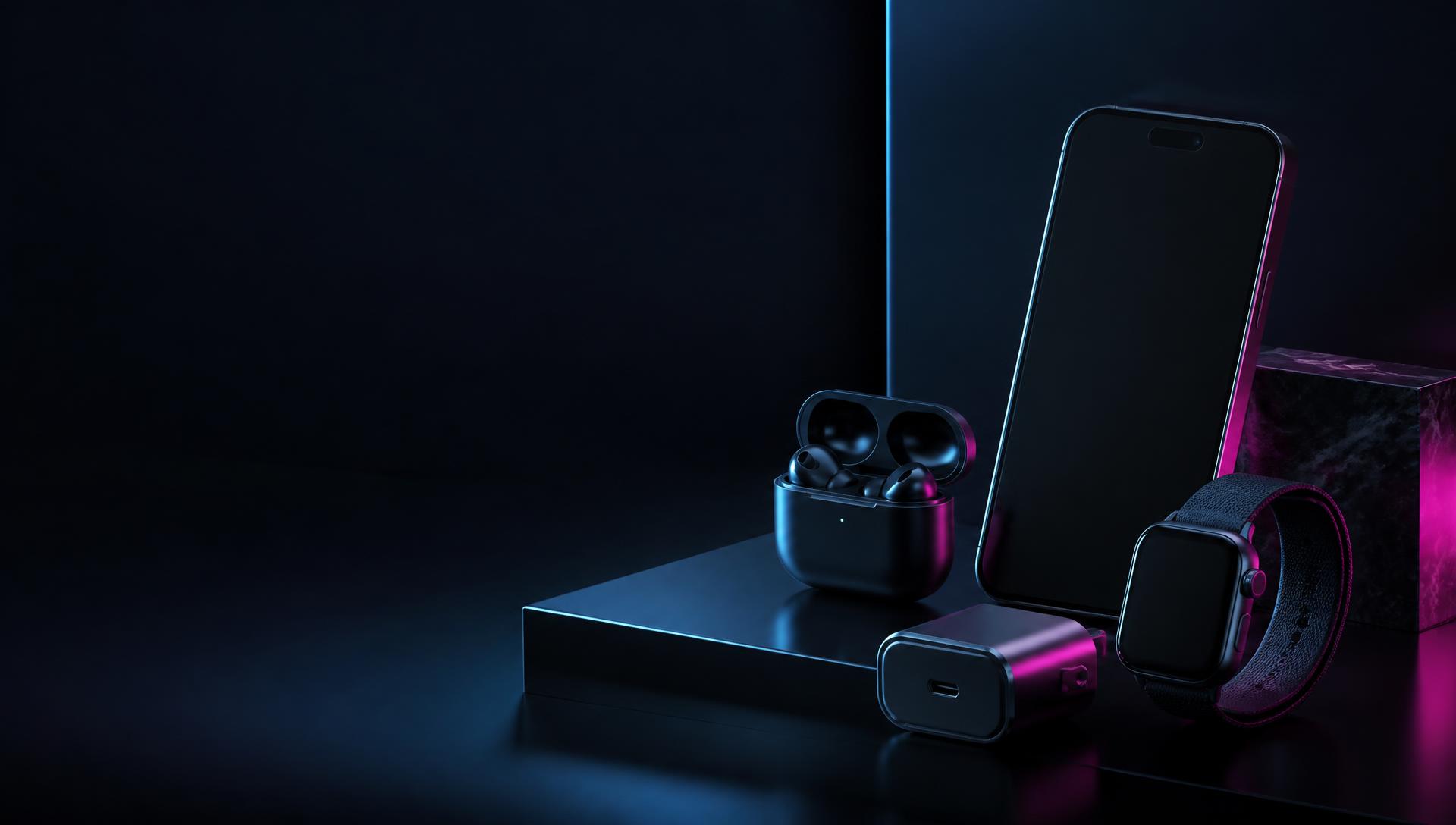 Premium phone, earbuds, smartwatch, and charger in a dark studio
